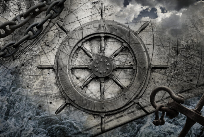 Vintage,Navigation,Background,Illustration,With,Steering,Wheel,,Charts,,Anchor,,Chains