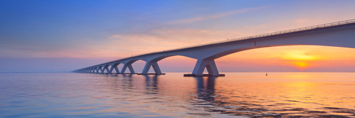 The Zeeland Bridge in Zeeland, The Netherlands at sunrise
